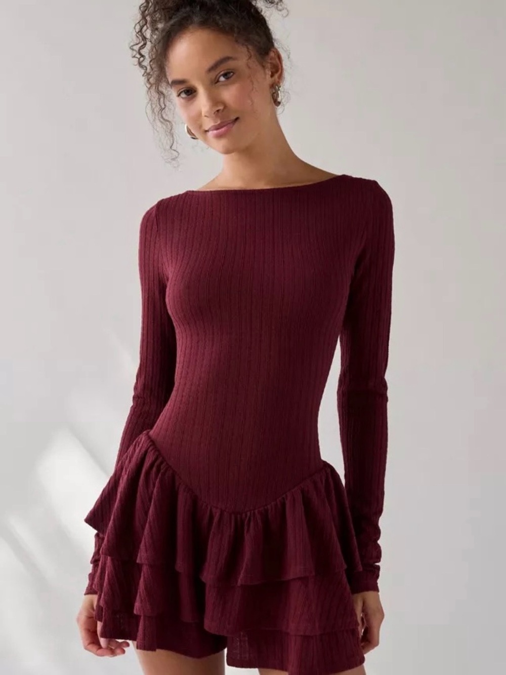 Kimchi Blue Burgundy Red Basque Waist Ruffle Open Back Romper Balletcore Large